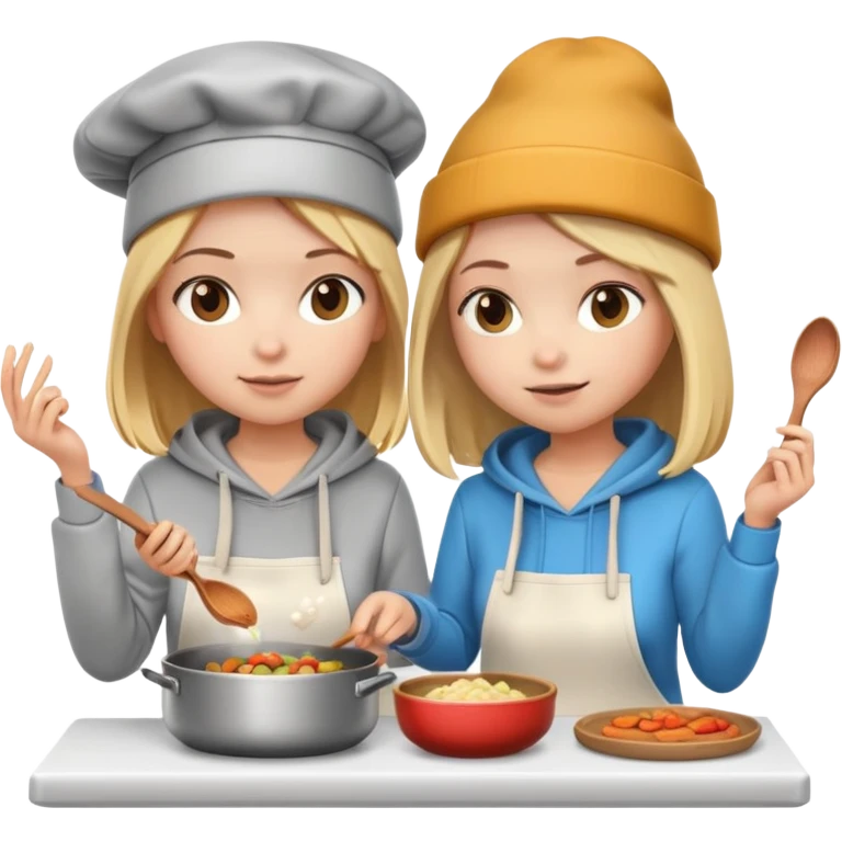 cartoon 3d of longe hair blonde girl wearing hoodie and short brown haor girl wearing a beanie and hoodie cooking food emoji