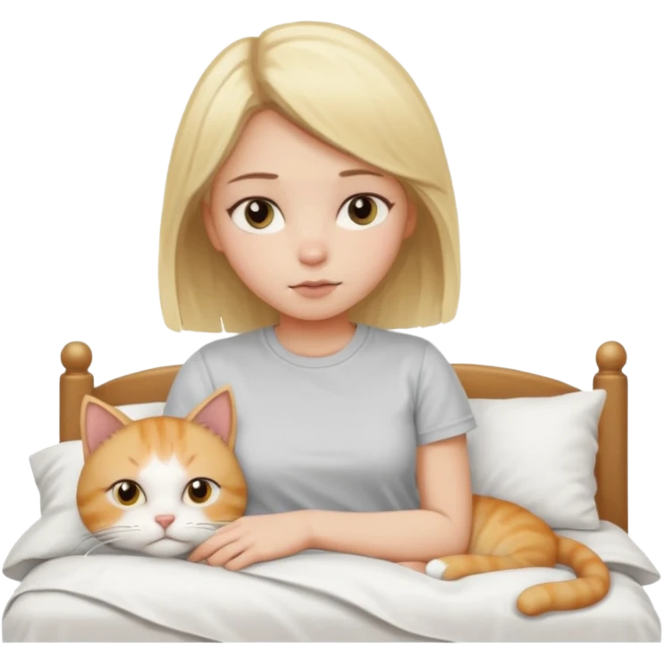 They recreate a photo of a blonde girl with light brown eyes, lying in bed sick with the flu, with her cat nearby. emoji