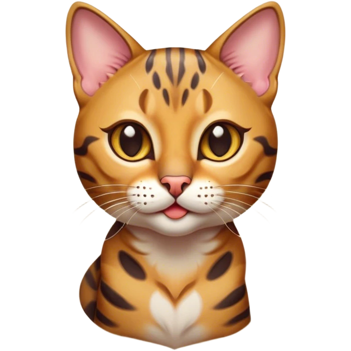 Cinematic Cute Bengal Cat Portrait Emoji, Head tilted playfully and inquisitively, sleek spotted brown and gold tones, Simplified yet adorable features, highly detailed, glowing with a warm, friendly glow, high shine, curious and affectionate, stylized with a touch of whimsy, bright and alert, soft glowing outline, capturing the essence of a mischievous yet loving kitten, so endearing it feels like it could pounce out of the screen and play! emoji