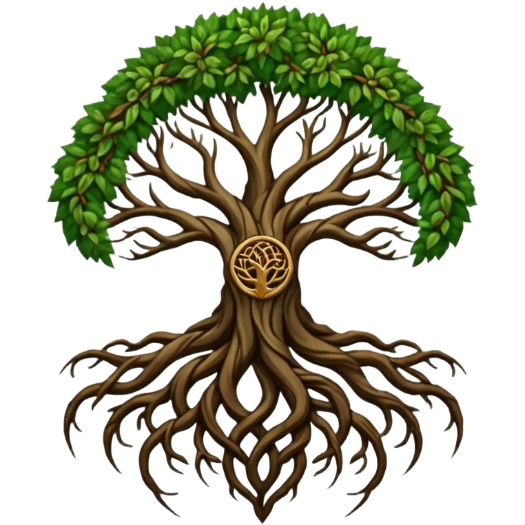 Tree roots forming a sigil shape, earth magic symbolism, deep greens and browns emoji