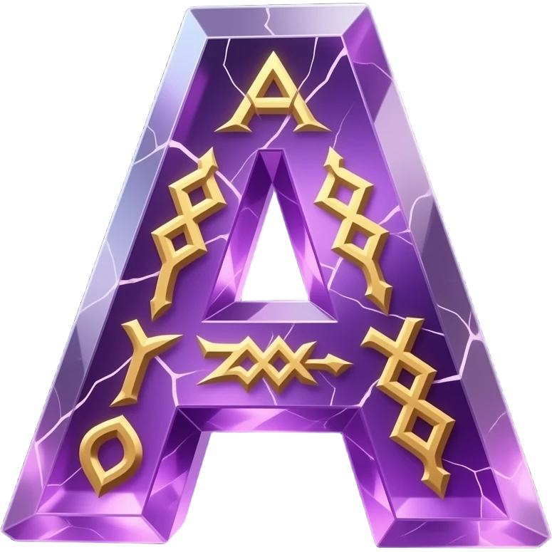 A hyper-realistic 3D letter 'A' carved from translucent purple amethyst, filled with glowing internal fractures and floating gold runes. Volumetric lighting, cinematic glow, dark background, 8k resolution, emoji