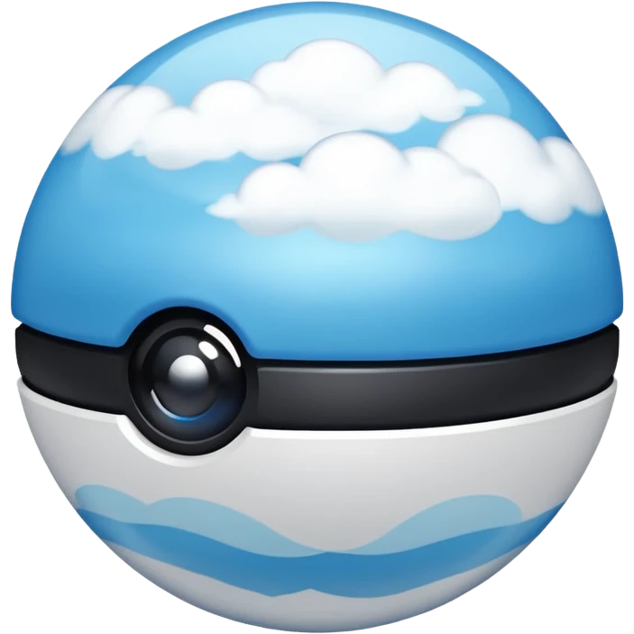 blue pokeball emoji, top half is a more saturated blue, bottom half is white, black stripe, with a white sheen, with a pearlescent finish, with a cloud effect emoji