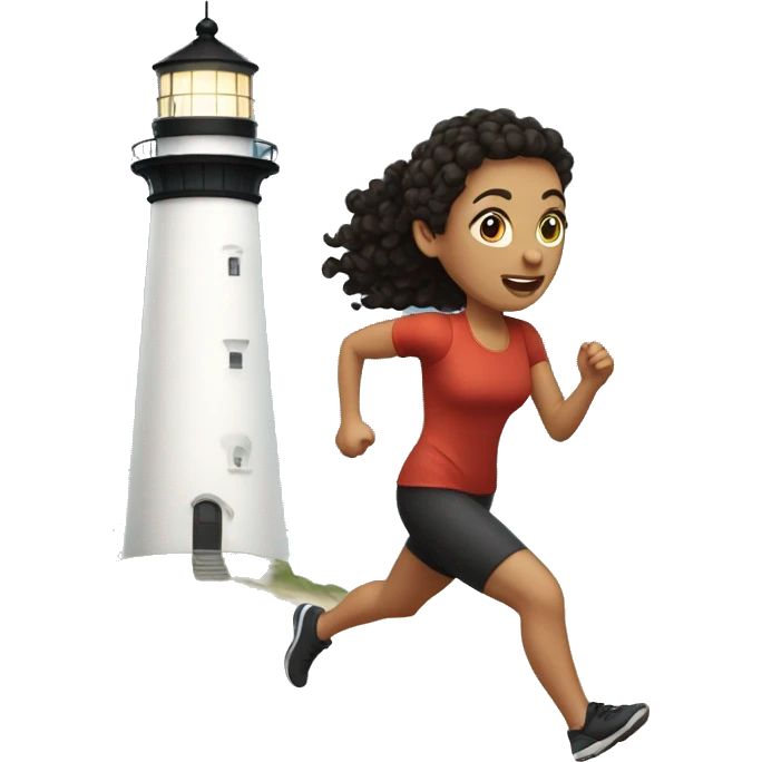 White woman with dark curly hair in a ponytail running toward a lighthouse emoji