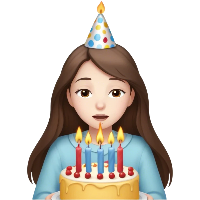  beautiful pale brunette girl with long hair with birthday cap blow out the candles on her birthday cake eyes closed emoji