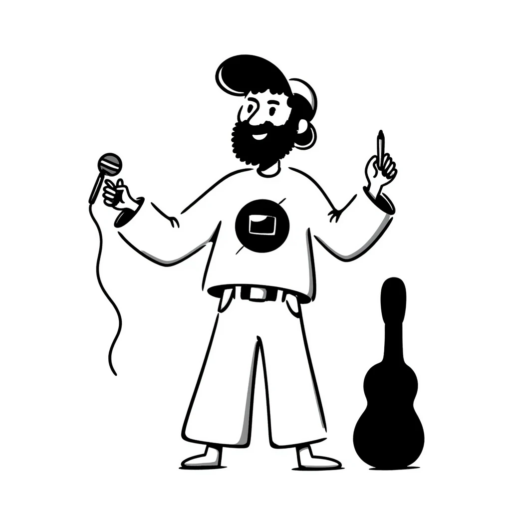adult musician with beard and backwards cap, smiling widely, holding microphone in one hand and pencil in other hand emoji