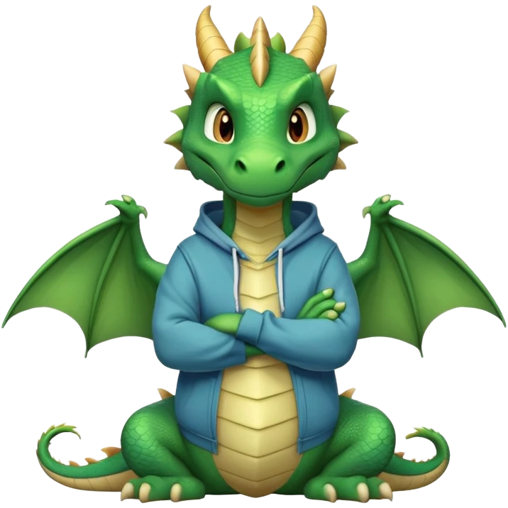 friendly anthropomorphised green dragon in a hoodie and jeans with arms folded, relaxed pose emoji