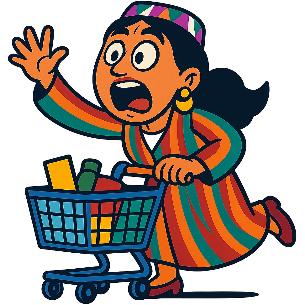 cartoonish Uzbek woman with a shopping cart, exaggerated emotions emoji
