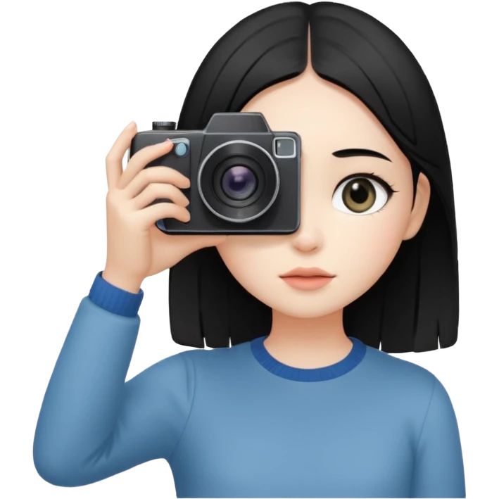 A young fair-skinned girl with straight black hair holding a camera up to her eye, looking through the viewfinder, standing in natural light, soft focus background, candid photography style, wearing a minimalist outfit, artistic and modern atmosphere.   emoji