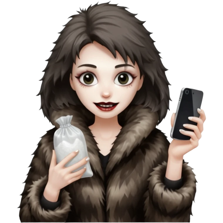 she is wearing a fur coat and has a transparent tiny, small  plastic bag full of white powder, and her phone in the other hand, she has lost so much weight, she looks evil , she has an evil grin emoji