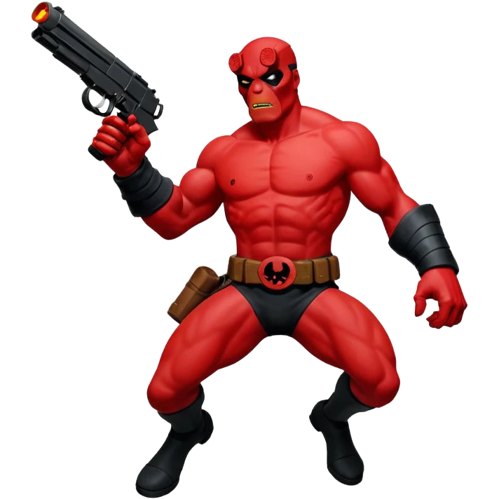 cinematic realistic superhero Hellboy by Mike Mignola jumps and shoots emoji