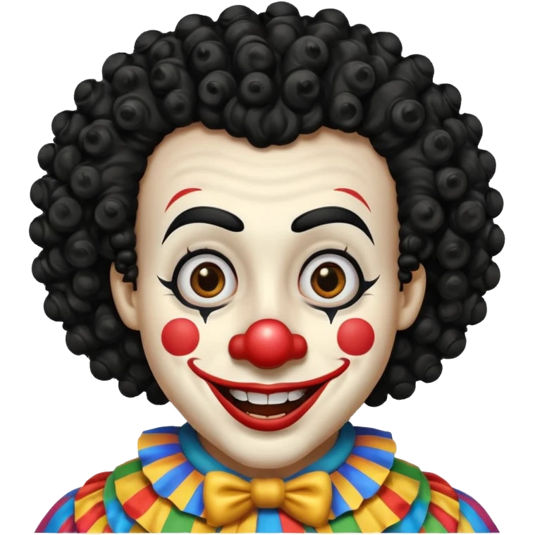 generate clown emoji with a big curly black hair 

wide black smile, long and pointy white nose emoji