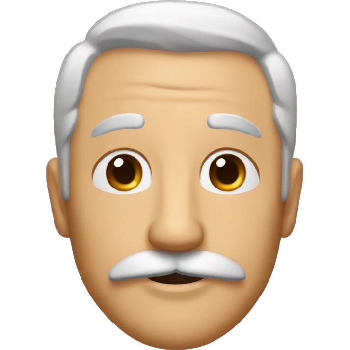 happy men 60 years, brown eyes, brown air, mustache emoji