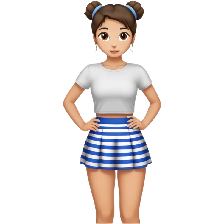 Pretty young brunette girl with bun in blue and white striped miniskirt emoji