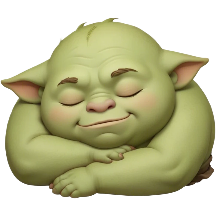 Meme-Worthy Cute Sleeping Ogre Portrait Emoji, with a surprisingly endearing, plump figure in soft earthy greens and browns, head drooping gently with closed, relaxed eyes and a content, sleepy grin, simplified yet adorably detailed, glowing with a soft warm outline that captures the peaceful slumber of a friendly ogre after a day of gentle mischief! emoji