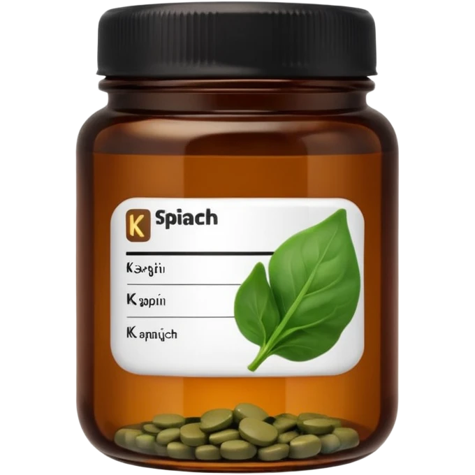 brown glass jar of supplements with white label, black thin title K2 and small spinach emoji emoji