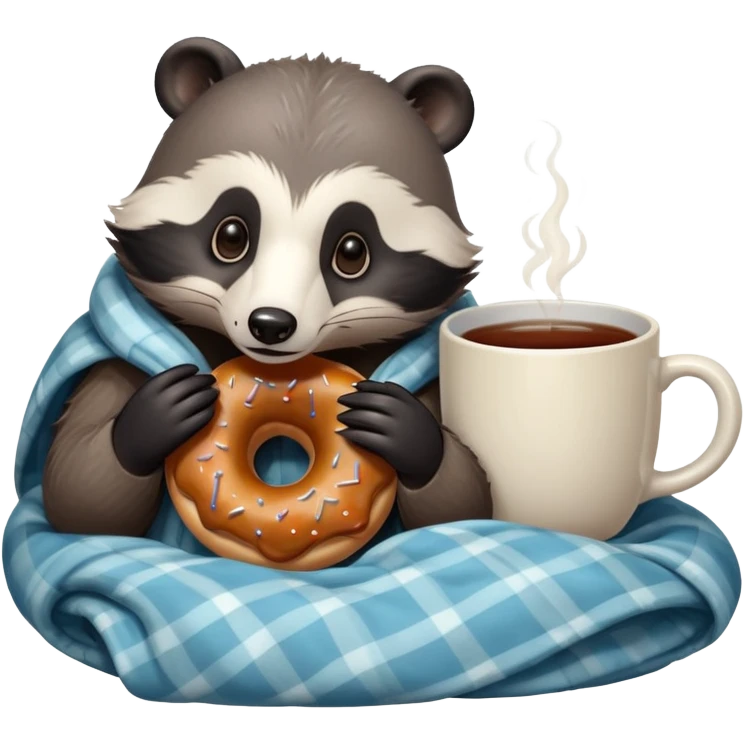 badger cozy in bed with blanket eating a donut and tea emoji