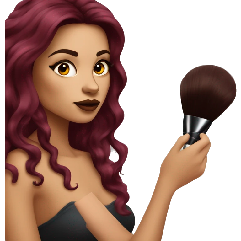 Beautiful tattooed burgundy long haired woman doing her makeup emoji