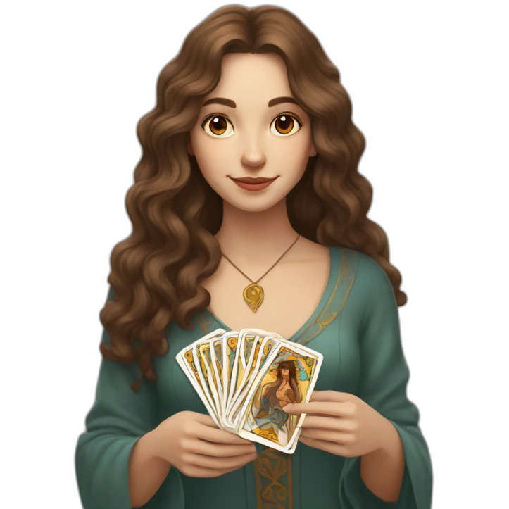 A wavy brown haired girl with a deck of tarot cards emoji