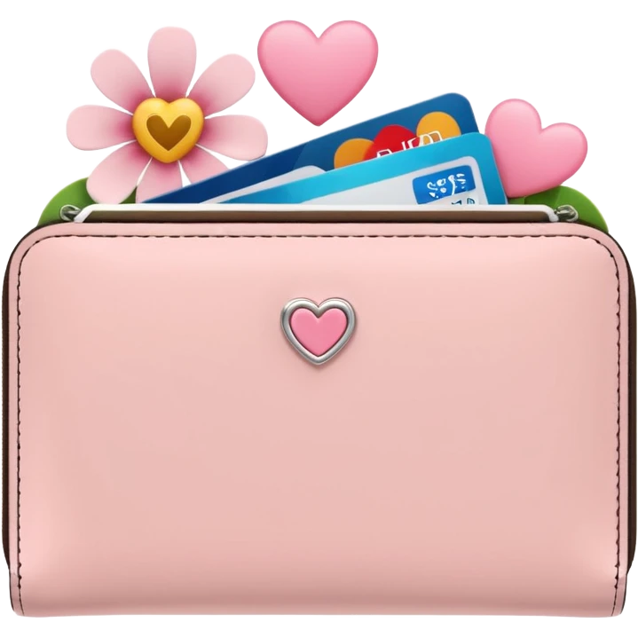 Pale Pink cute Wallet with heart charm, credit cards inside and flowers growing from it, clean aesthetic emoji