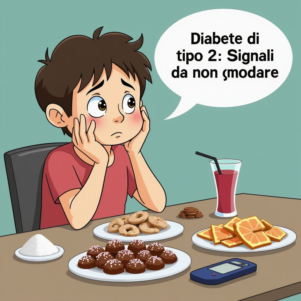 symbolic scene of a person sitting at a table with plates of sweets and sugary drinks, worried look, glucometer on the table, Italian text 'Diabete di tipo 2: segnali da non ignorare', 4K quality emoji