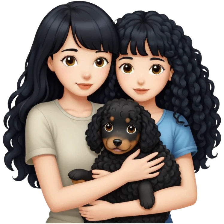 A beautiful girl with long black hair and bangs hugs a curly-haired dog emoji