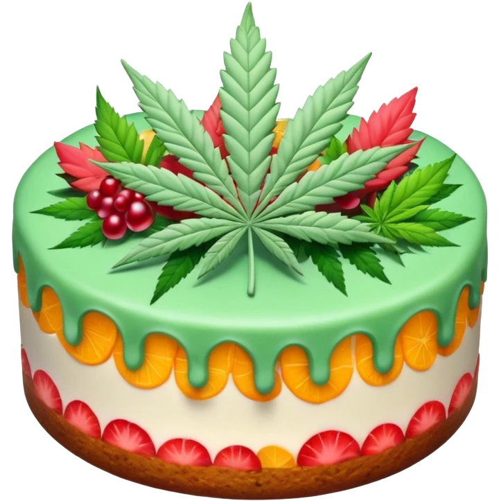 colorful frosted fruit cake with cannabis leaf emoji