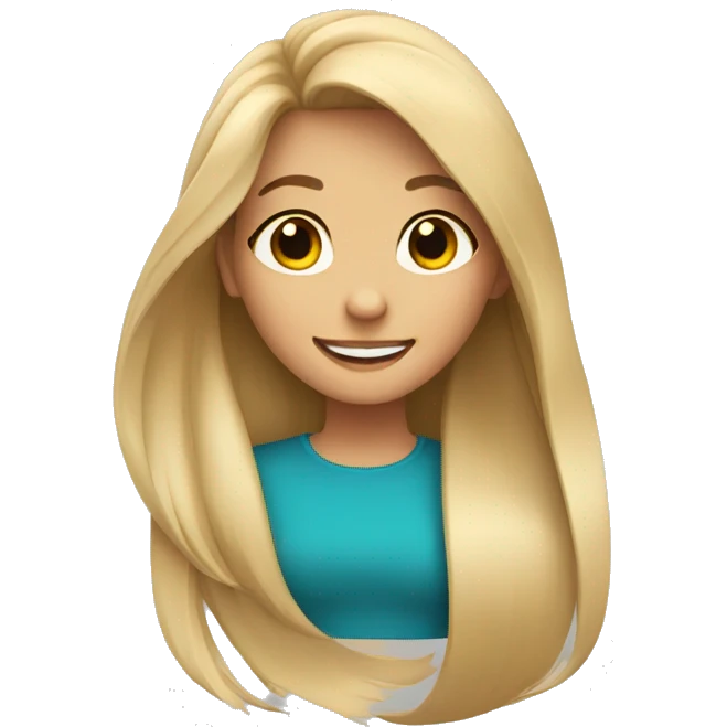 a girl with long blonde hair in the wind with long and brown eyes smiling wide  emoji