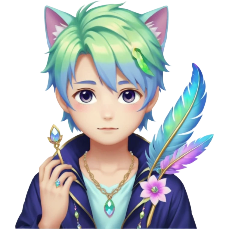 Beautiful gorgeous anime catboy with beautiful iridescent-special-hair, fashion aesthetic, ethereal, fairycore, pastelcore, feather, flower, gems, accessories, jewelries, gold, colorful emoji