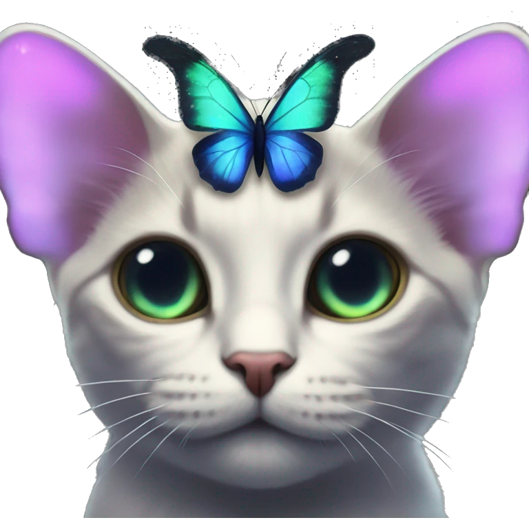 Dark iridescent butterfly glowing on top of cats head  emoji