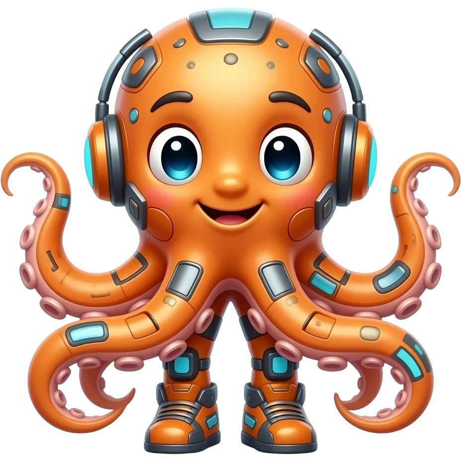 gere um boneco animado 3d de polvo, precisa ser amigavel e convidativo tons de laranja e tecnologico emoji