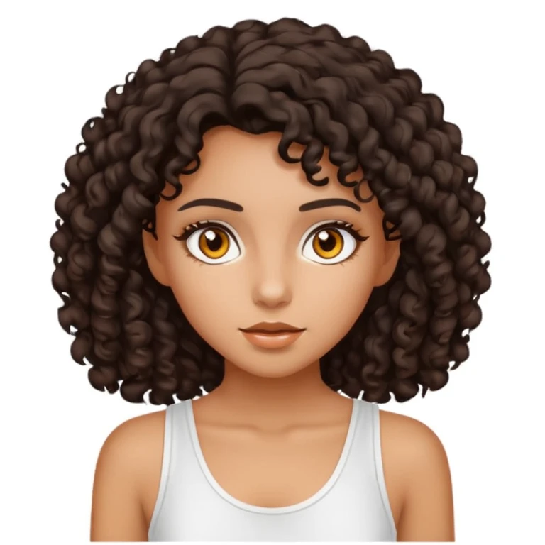 Ragazza con capelli mori e ricci, pelle abbronzata, occhi color ambra e con un outfit estivo bianco emoji