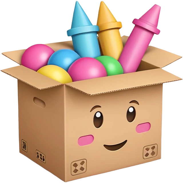cardboard box with toys, pink emoji