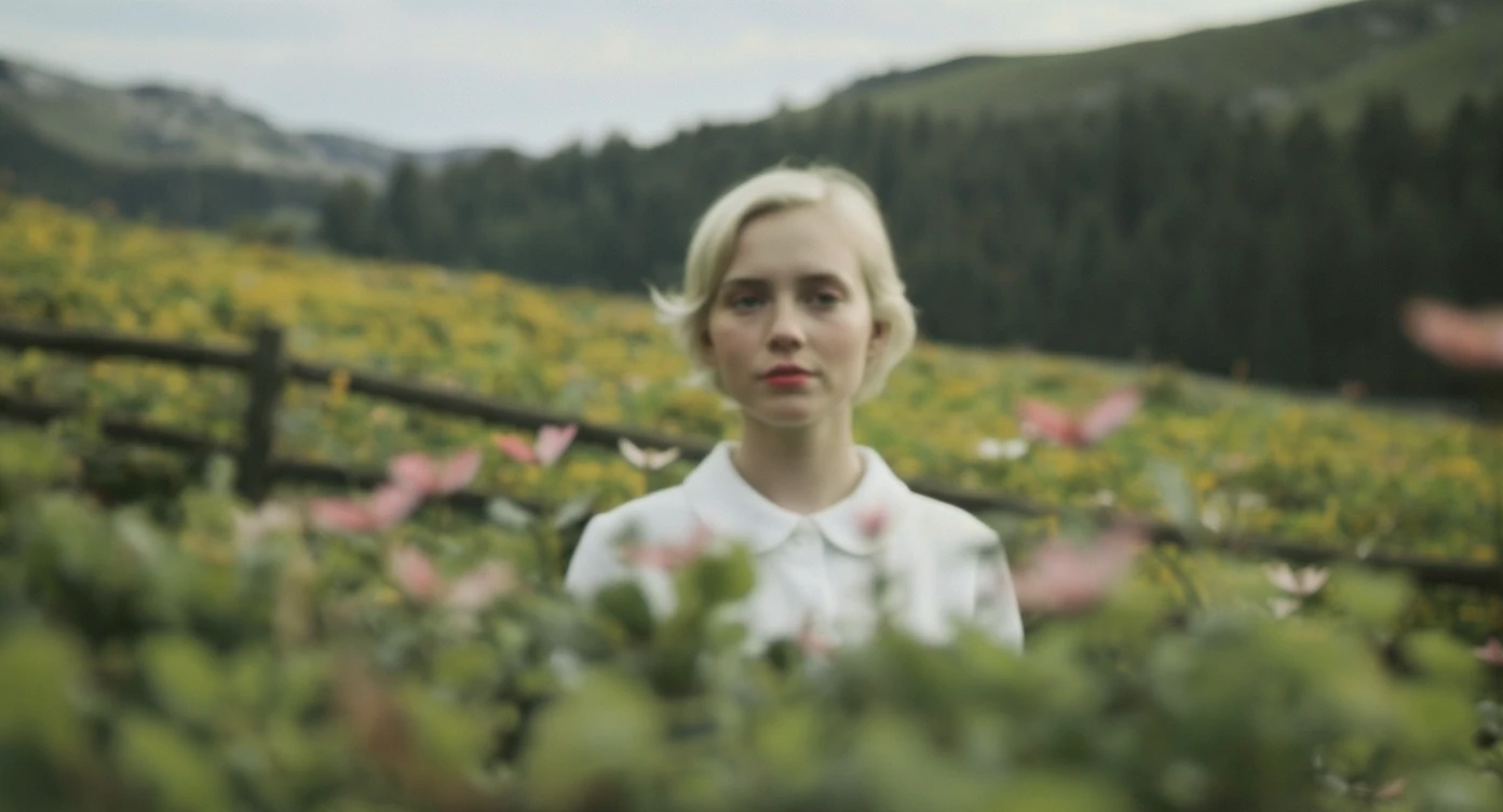 A portrait of a white person in the foreground, blurred plants in the foreground, a wooden fence and colorfull flowers in the midground, rolling hills in the background, cinematic depth of field, layered composition, natural lighting emoji