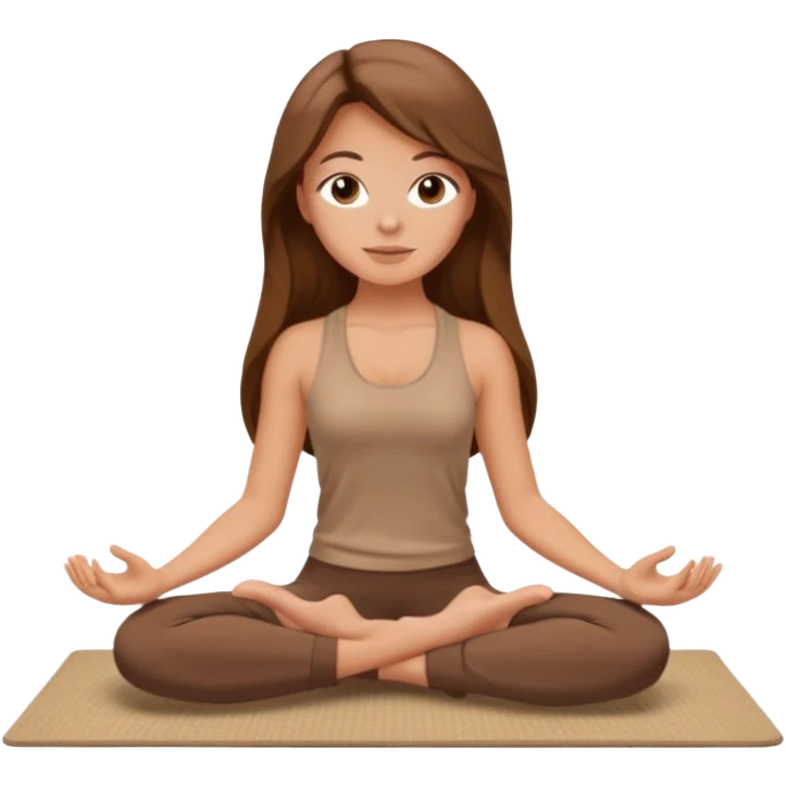 Brown long hair, white girl sitting on a beige rug doing yoga, brown clothes emoji