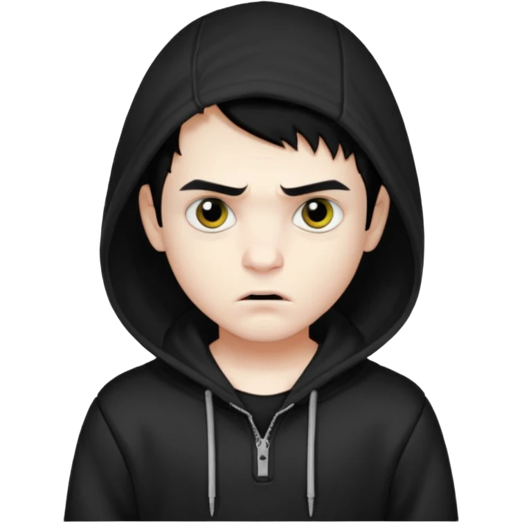 Vampire boy with the short black hair, pale scin, black eyes, little fangs and dark circles under his eyes. He has serious face and he wear a black hoodie emoji