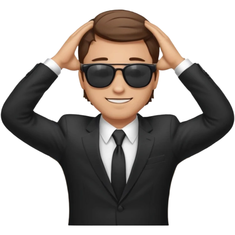 a white man, brown hairs, in formal suit wearing sunglasses resting with hands behind head emoji