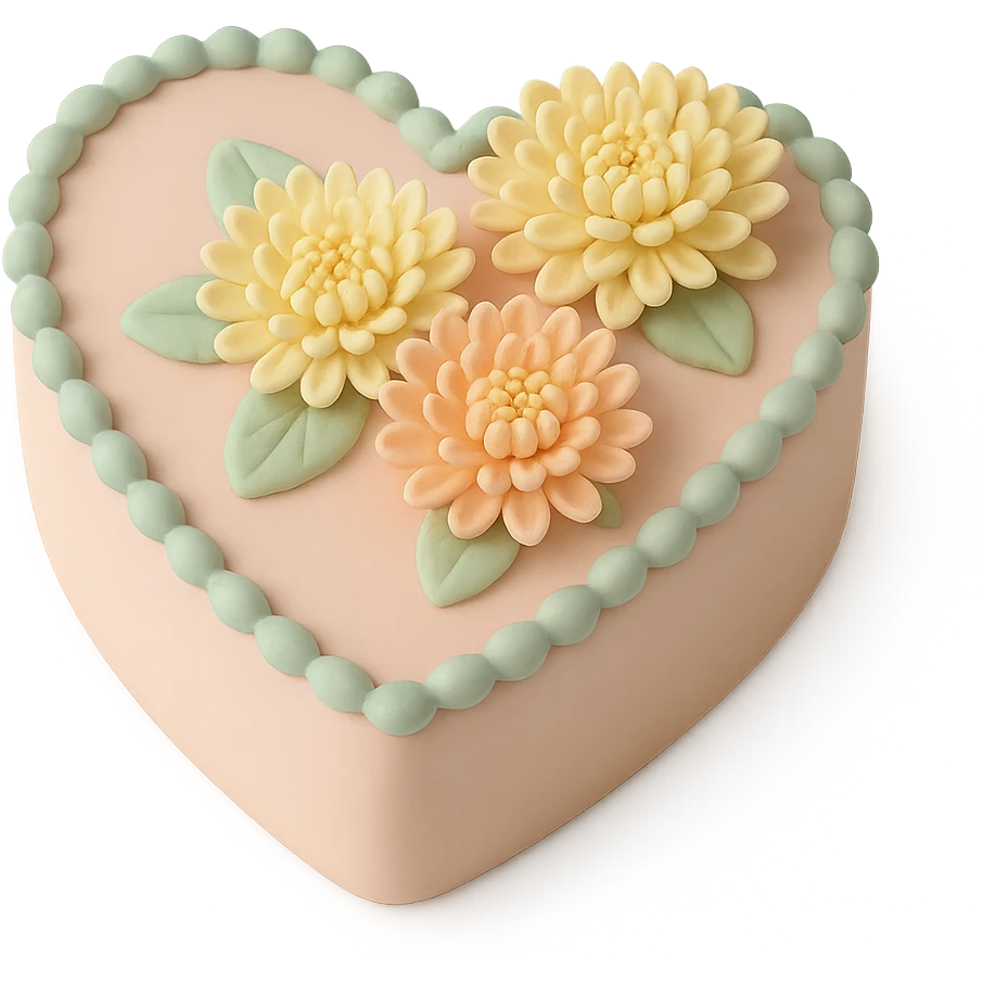 heart-shaped fondant cake with piped chrysanthemums, fondant cake art style emoji