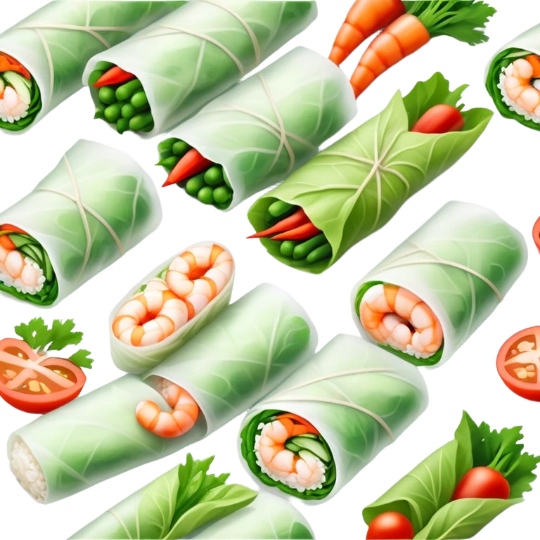 cinematic-realistic-vietnamese-summer-rolls-dish-emoji,-depicted-with-delicate-rice-paper-wraps-filled-with-fresh-vegetables-and-shrimp-rendered-with-crisp-textures-and-refreshing-lighting. emoji