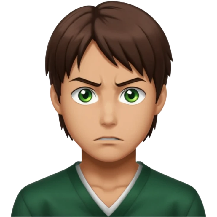 “Make him look like Eren Yeager S3 — long brown hair tied back, strong jawline, sharp green eyes, that cold, intense Eren vibe.” emoji