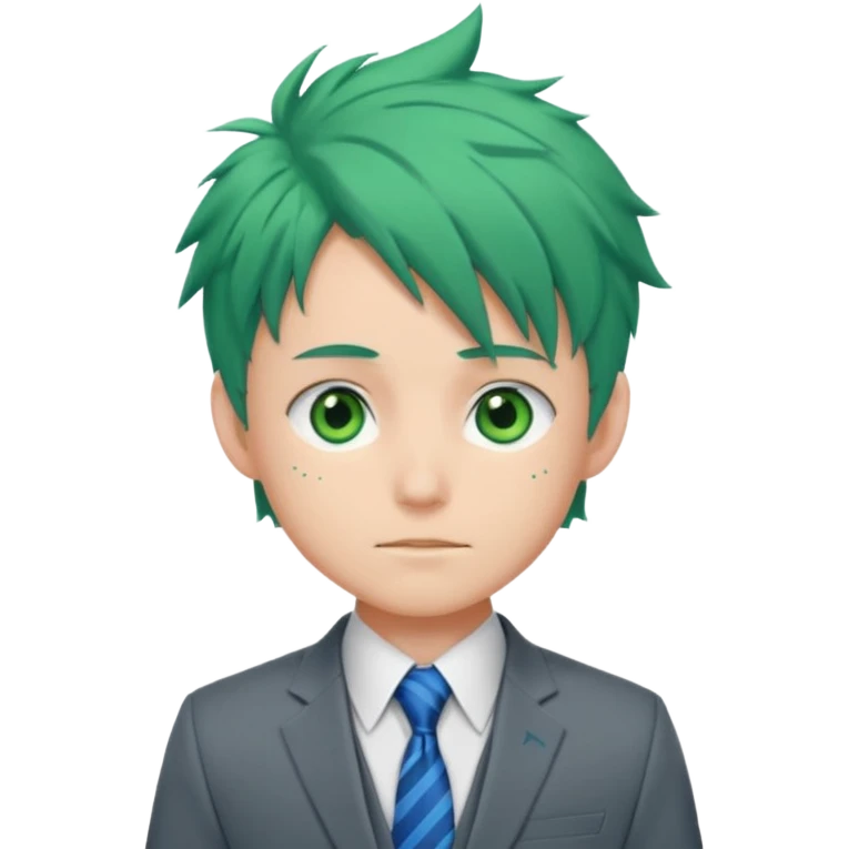 deku : boy anmie green hair green eyes in a ua gray jacket and blue tie suit with frenkles emoji