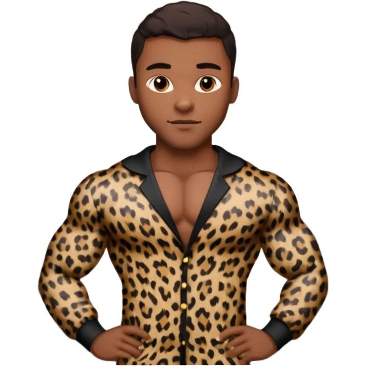 Handsome Black guy with brown skin tone, with muscular build, wearing black leapard print pajamas  emoji
