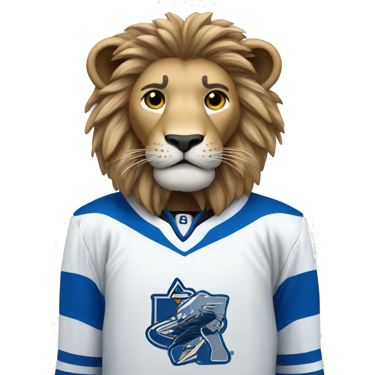 A lion in a hockey uniform in white and blue emoji
