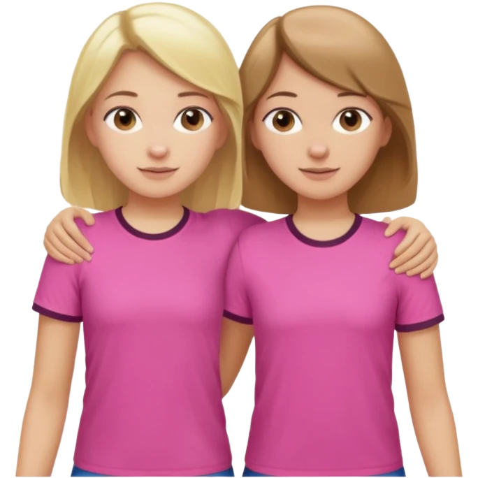 Two Girls with their arms around each other at summer camp one blonde one brown hair wearing pink shirt emoji