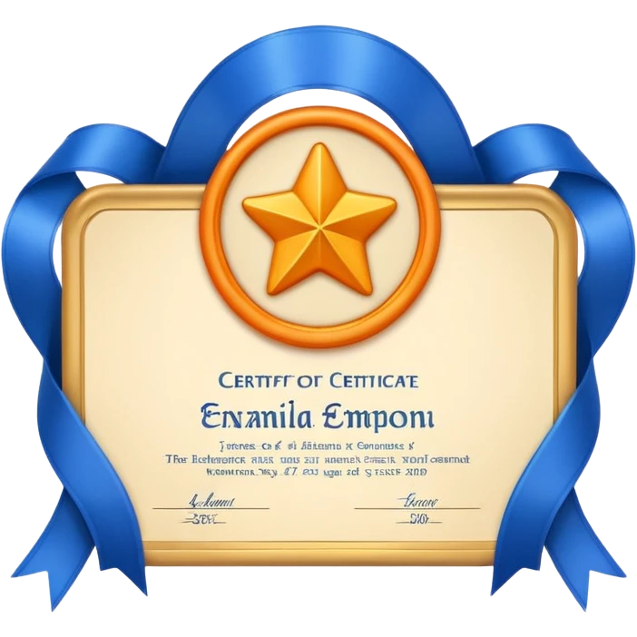 Create a glossy 3D certificate emoji with a cream diploma, rounded corners, a blue ribbon seal, orange tails, and an embossed star. emoji