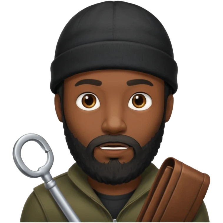 A dark-skinned man with a black beanie, and a full beard, giving him a thief-like appearance. emoji