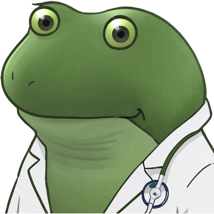 bufo frog, medical coat, sad eyes, looking at viewer emoji