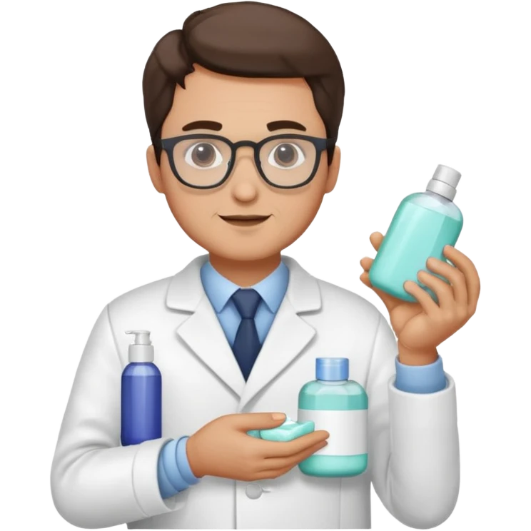 man with white coat and glasses holding skincare products emoji