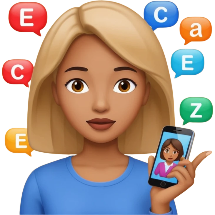 a woman is talking and English letters are coming out emoji