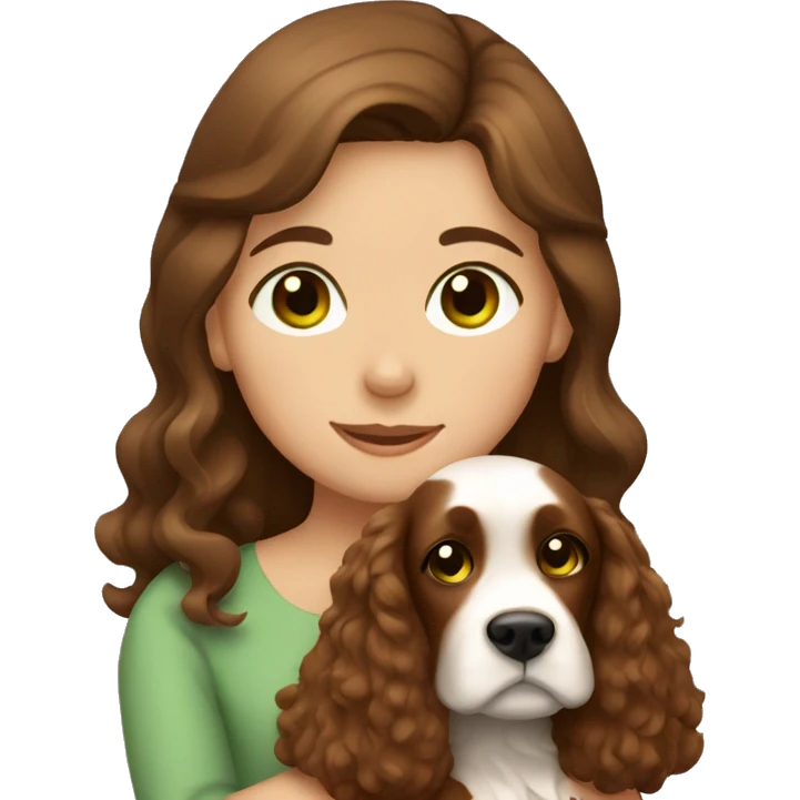 Girl with brown hair and green eyes hugging brown cocker spaniel emoji