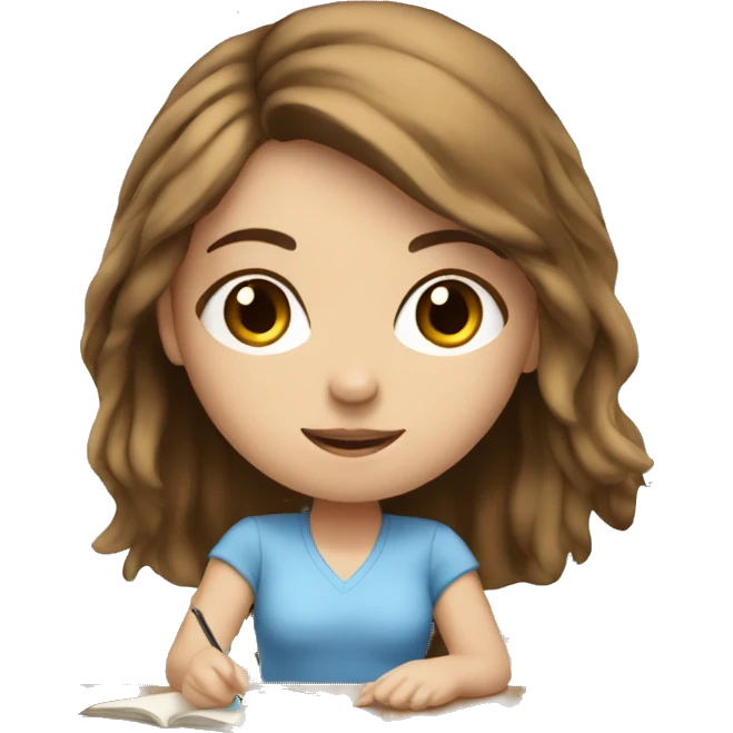 white girl studying at a desk, brown hair, blue eyes, computer emoji